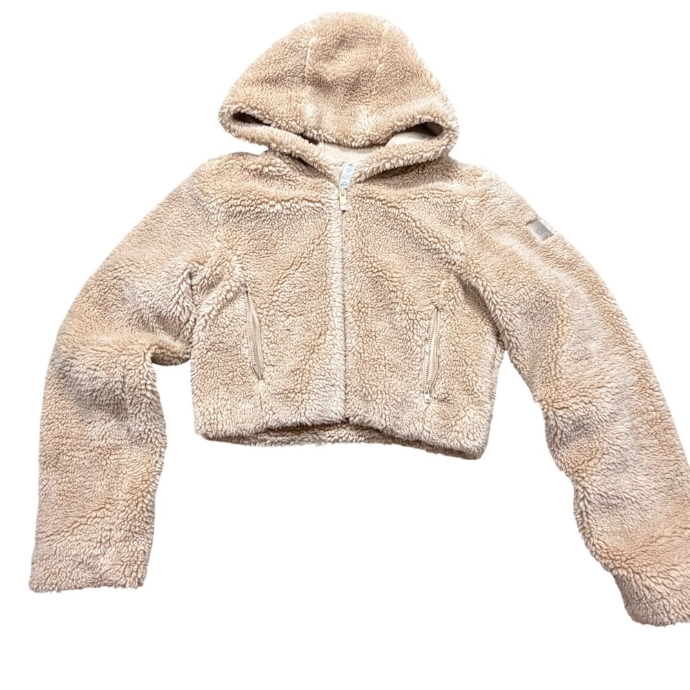 Alo Yoga Foxy Sherpa Jacket Camel Tan Faux Fur Cropped Zip Hoodie Womens XS